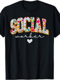 Men's T-Shirt Social Worker Colorful Floral Cartoon Letters With White Heart Central Text