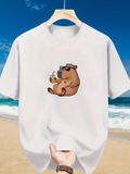 Men's T-Shirt Cartoon Capybara Relaxing On Beach With Sunglasses And Cocktail