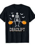 Men's T-Shirt Deadlift Skeleton Holding Bar With Pumpkins And Flying Bats