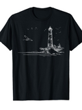 Men's T-Shirt Seagulls Flying Above Calm Coastal Rocky Lighthouse