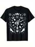 Men's T-Shirt Hand Drawn Moon Phases With Snake Surrounded By Stars Botanical Symbols Cat