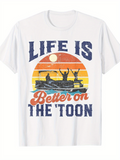 Men's T-Shirt Life Is Better On The Toon Retro Sunset With Boat Silhouette And Joyful People