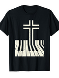 Men's T-Shirt Distressed Piano Keys Melting Into Upright Church Cross Design