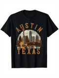 Men's T-Shirt Austin Texas Vintage Guitar With Sunlit Skyline And City Architecture