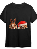 Men's T-Shirt Playful Dogs With Reindeer Antlers And Santa Hat Resting