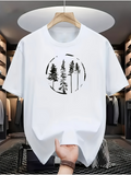 Men's T-Shirt Minimalist Bold Ink Circle With Tall Pine Trees Forest