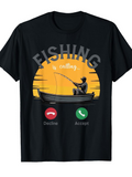 Men's T-Shirt Fishing Is Calling Silhouette Boat With Orange Sunset And Phone Icons Fisherman