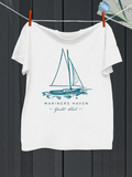 Men's T-Shirt Mariners Haven Calm Waters With Elegant Blue Sailboat Docked