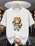 Men's T-Shirt Playful Orange Cat Wearing Cute Spacesuit With Colorful Floating Stars Astronaut Cat
