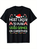Men's T-Shirt Most Likely To Play Video Games On Christmas With Santa Hat And Candy Cane Christmas Icons