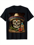 Men's T-Shirt Sombrero Skull Surrounded By Tequila Bottle Peppers And Fiesta Flower