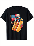 Men's T-Shirt Cartoon Hot Dog With Sunglasses Holding American Flag