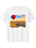 Men's T-Shirt Glowing Sunrise Sky With Colorful Balloons Floating Over Rolling Landscape Hot Air Balloon