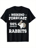 Men's T-Shirt Weekend Forecast With Clouds And Cartoon Rabbit Illustration Among Bold Letters