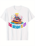 Men's T-Shirt This Birthday Is Lit Colorful Confetti With Birthday Cake And Stacked Books