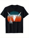 Men's T-Shirt Vintage Striped Sunset With Skull And Feathers Dreamcatcher Steer Head