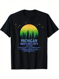 Men's T-Shirt Michigan Great Lakes State Sunset With Forest Silhouette And Reflecting Water