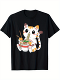 Men's T-Shirt Adorable Cartoon Cat With Ramen Bowl Surrounded By Playful Whiskers Eating Noodles Cat