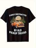Men's T-Shirt Easily Distracted By Old Pickup Trucks Forest Sunset Behind Vintage Orange Pickup Truck