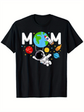 Men's T-Shirt MOM With Astronaut Floating Surrounded By Colorful Cartoon Planets And Spaceship