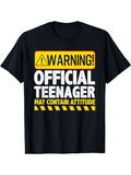 Men's T-Shirt Warning Official Teenager May Contain Attitude Bold Yellow Text With Caution Tape Graphic