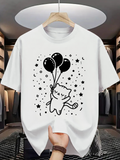 Men's T-Shirt Playful Kitten Surrounded By Balloons Stars And Sparkling Night Sky Cat