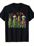 Men's T-Shirt Christmas Lights With Pickles Wearing Festive Santa Hats And Reindeer Antlers