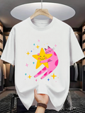 Men's T-Shirt Pink Cat Hugging Smiling Yellow Star Surrounded By Colorful Sparkling Stardust