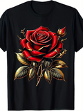 Men's T-Shirt Golden Leaves With Vivid Red Blooming Rose Artwork Rose