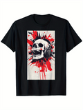 Men's T-Shirt Edgy Red Paint Splatters Surrounding Grinning Skull Wearing Headphones