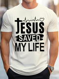 Men's T-Shirt Jesus Saved My Life Bold Lettering With Heartbeat Cross Motif Inspirational Message