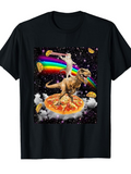 Men's T-Shirt Cosmic Cat With Tacos And Pizza Riding A Dinosaur