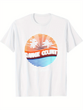 Men's T-Shirt Orange County Sunset Stripes With Palm Trees And Blue Ocean