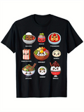 Men's T-Shirt Adorable Cartoon Food Bowls Featuring Colorful Noodle Soup Smiling Bowls