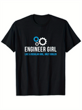 Men's T-Shirt Engineer Girl With Blue And White Gears On Black Cotton T Shirt