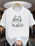 Men's T-Shirt Whimsical Cat With Laptop Drawing On Crisp White Cotton Shirt