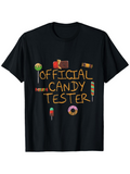 Men's T-Shirt Official Candy Tester Surrounded By Colorful Sweets And Lollipops On Black Shirt