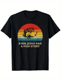 Men's T-Shirt Even Jesus Had A Fish Story Retro Sunburst With Jumping Bass Fish