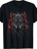 Men's T-Shirt Electric Red Light Reflections Over Shadowy Fierce Lone Wolf Head