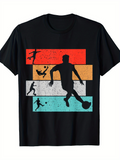 Men's T-Shirt Vintage Stripes With Silhouetted Football Players And Kicking Action Soccer