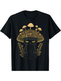 Men's T-Shirt Enchanted Golden Mushrooms Growing Above Midnight Black Cat