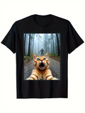Men's T-Shirt Excited Orange Tabby Cat Running In Misty Forest Selfie Style