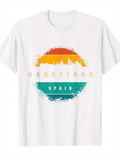 Men's T-Shirt Barcelona Spain Vibrant Sunset Colors With Abstract City Skyline