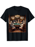 Men's T-Shirt Classic Dogs Seated Around Poker Table With Dim Chandelier Lighting