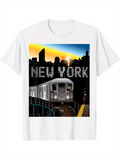 Men's T-Shirt New York Cityscape At Sunset With Subway Train Arriving Under Skyline