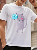 Men's T-Shirt Charming Grey Smiling Cat Holding Blue Camera Under Daylight Cat