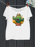 Men's T-Shirt Cartoon Spiked Cactus With Yellow Sunburst In Flower Pot