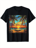 Men's T-Shirt Tranquil Sunset Glow Over Ocean With Hammock Between Palm Trees