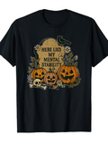 Men's T-Shirt Here Lies My Mental Stability Carved Pumpkin Lanterns With Daisies And Stone Tombstone