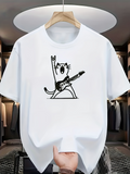 Men's T-Shirt Happy Cartoon Cat Playing Electric Guitar Under Studio Lights